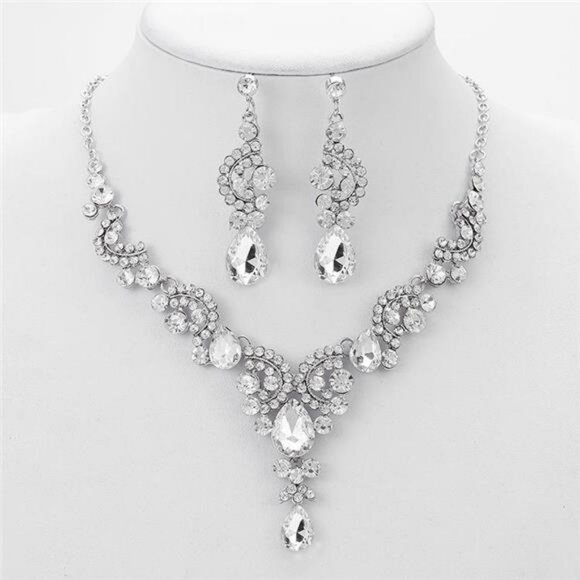 Silver Bridal Jewelry Set Crystal Rhinestone Necklace Earrings Prom Jewelry Set - Picture 1 of 2